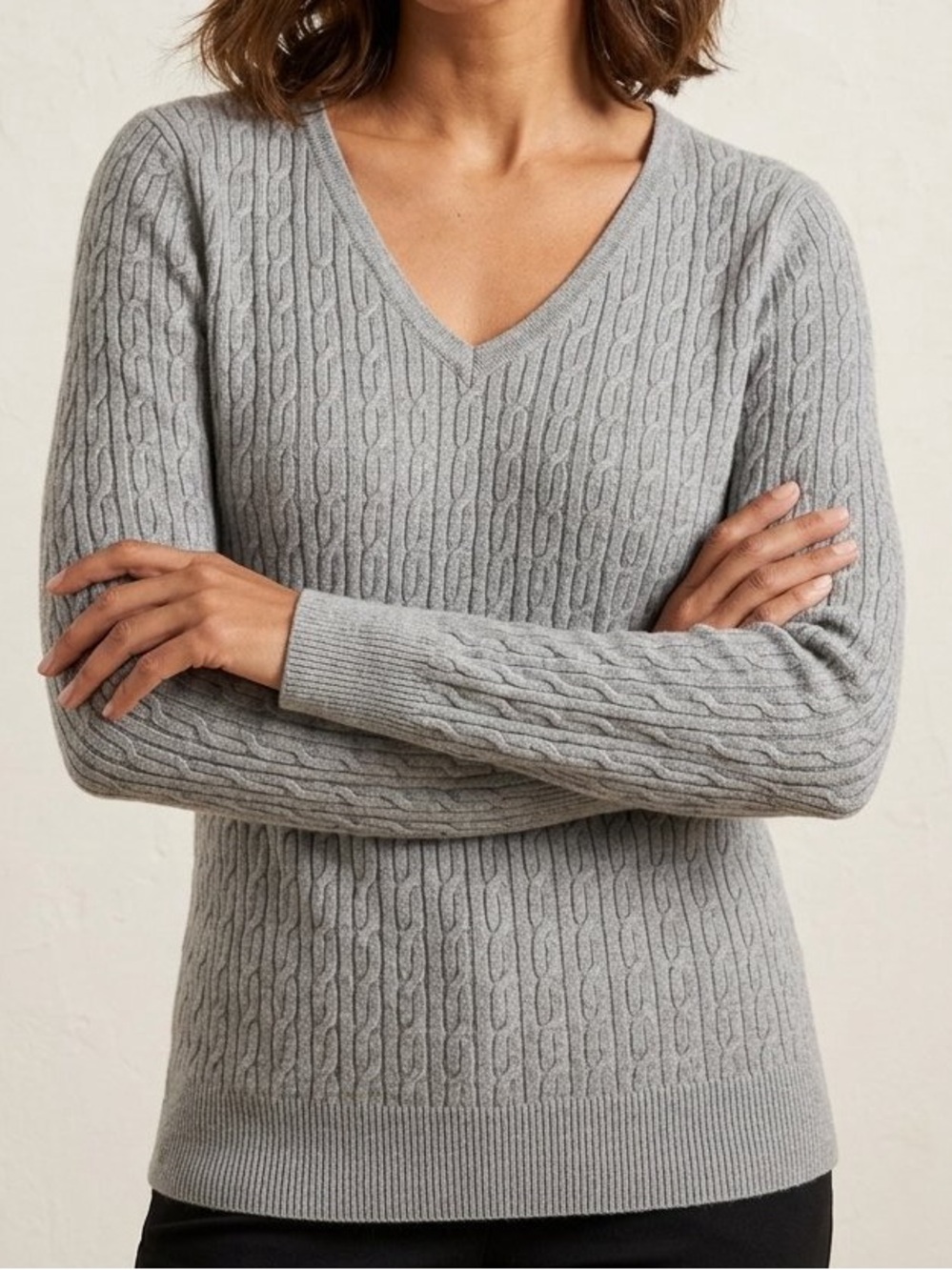 Talbots Light Gray Cable-Knit V-Neck Sweater Neutral Office Minimal
